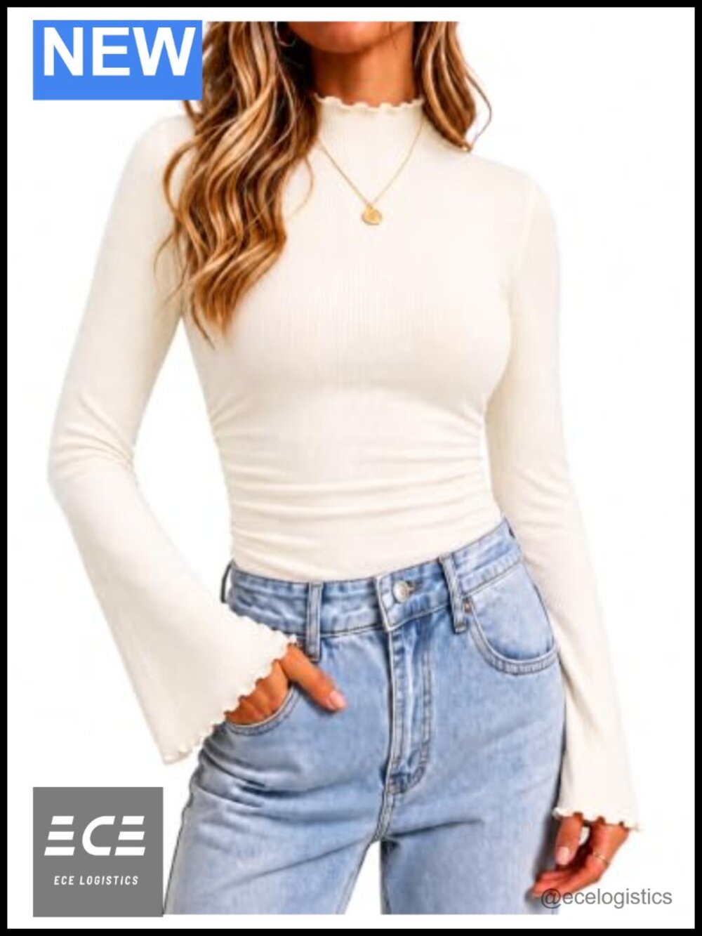 Women's Mock Turtleneck Top Long Bell Sleeve Ribbed Slim Fit Knit Shirt